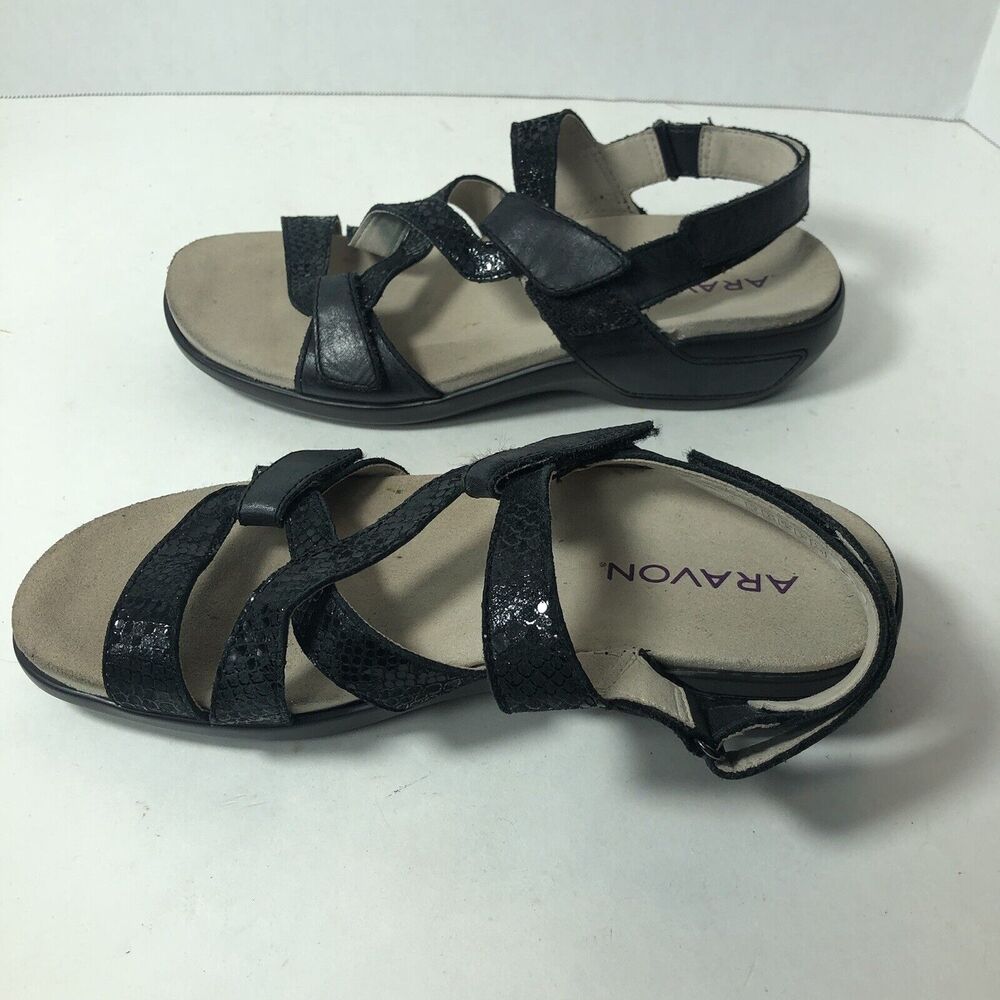 Aravon Sandals Womens Size 8 Comfort X Strap Ankle Black Snake Print D - Picture 9 of 10